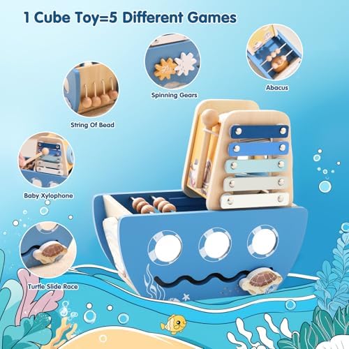 5-in-1 Baby Wooden Activity Cube, Sea Ocean Montessori Toddler Toys for 1+ Year Old Boys Girls Gifts, Educational Learning Boat Toys for 1st Birthday Gifts for Kids - Image 2