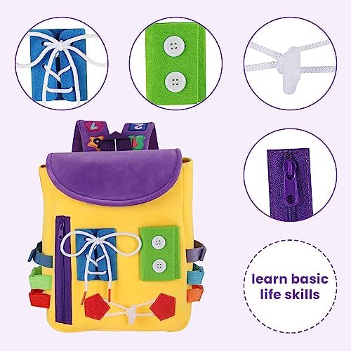 Busy Board - Toddler Backpack with Buckles and Learning Activity Toys - Develop Fine Motor Skills and Basic Life Skills - Learn to Tie Shoes - Children's Travel Toy (Yellow) - Image 3
