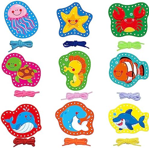9 Pieces Kids Lacing Cards, Double Sided Sewing Cards in 9 Marine Animal Cards with 9 Colorful Laces, Imagination Development Lacing Toys Games for Children Educational and Learning Activity by SpriteGru