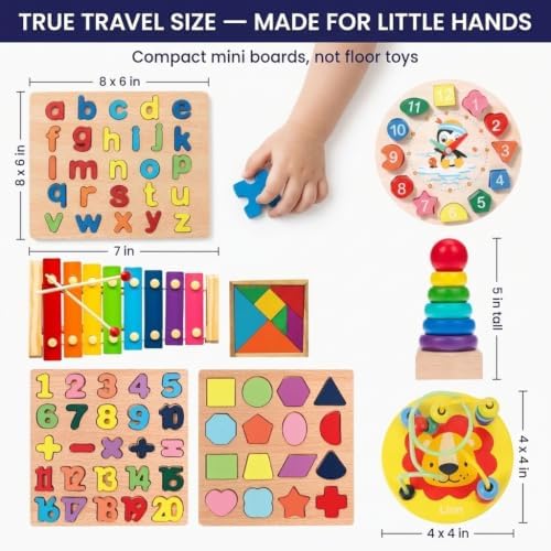 Montessori Toys for 3 Year Olds, 8-in-1 Wooden Travel Activity Set – Alphabet, Number & Shape Puzzles, Xylophone, Bead Maze – Compact Busy Box for Toddlers, Screen-Free Learning Gift Ages 3+ - Image 4