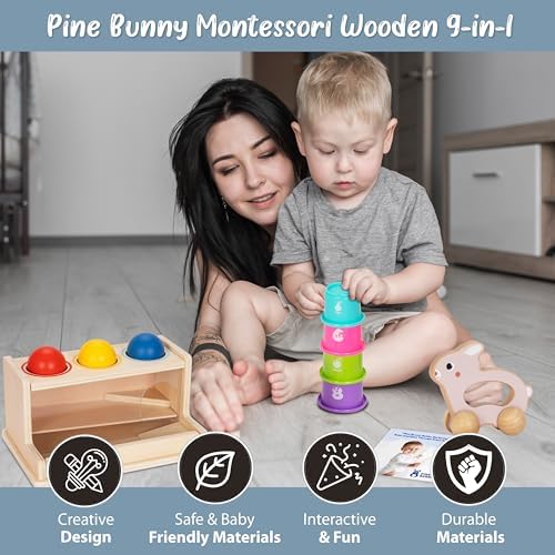 Pine Bunny Montessori Wooden 11-in-1 Toy Set for 10+ Months, Cylinder Block, Push Ball Box, Mirror Puzzle, Stacking Cups Rabbit Rattle Soft Book Educational Learning Color Recognition Fine Motor Toys - Image 4