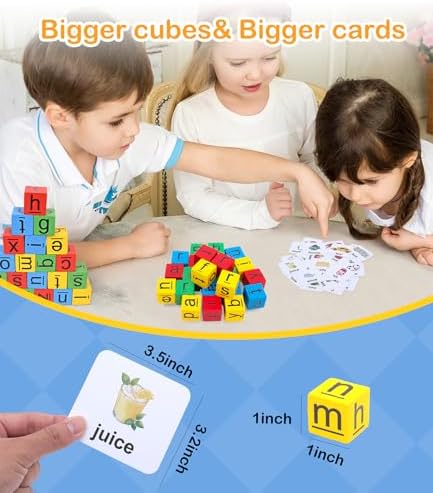 Word Race Cube Game, 60PCS 120 First Words, Wooden Alphabet Letter Blocks Phonics Matching Games for Kids Ages 3-8 - Image 5