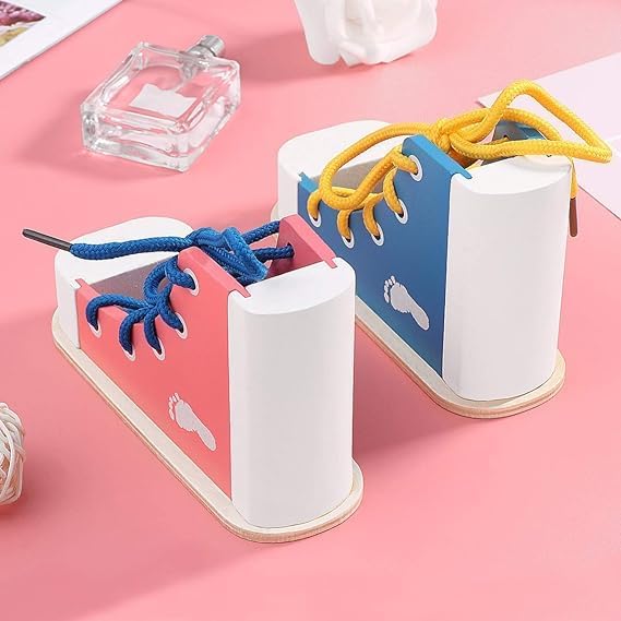 Mikily's Learn to Tie Shoes for Kids - Wooden Lacing Toy Shoe Tying & Practice Kit - Knot Tying Tool, Pick&blue - Image 4