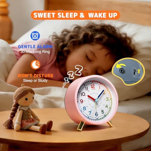 Kids Alarm Clock, Silent Non-Ticking, Analog Learning Clock for School Beginners, Stylish Round Metal Clock, Easy to Read, Battery Operated, Loud Ringing Back to School Gifts - Image 6