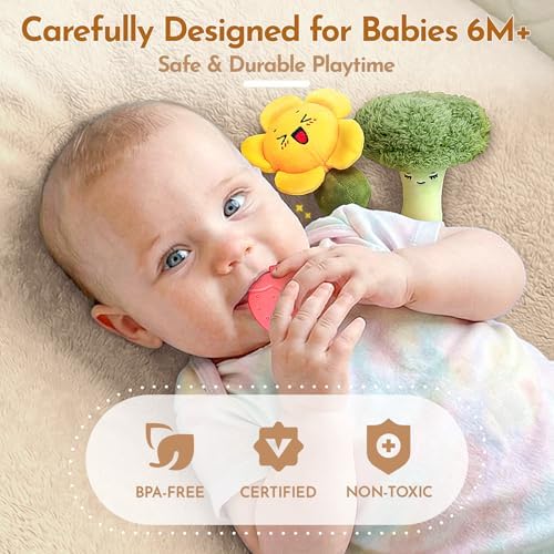 Baby Toys 6-12 Months, Farm Vegetable Garden Plush Toy with Animal Finger Puppets, 6 Month Old Montessori Sensory Toys with Rattles, Squeaker, Textures, Teether, Birthday Boy Girl Gifts - Image 5