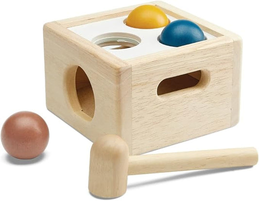 PlanToys® Punch and Drop Wooden Montessori Fine Motor and Cause and Effect Toy in Orchard Shade | Early Coordination and Tactile Learning Activity | Eco Friendly Hammer and Ball Set