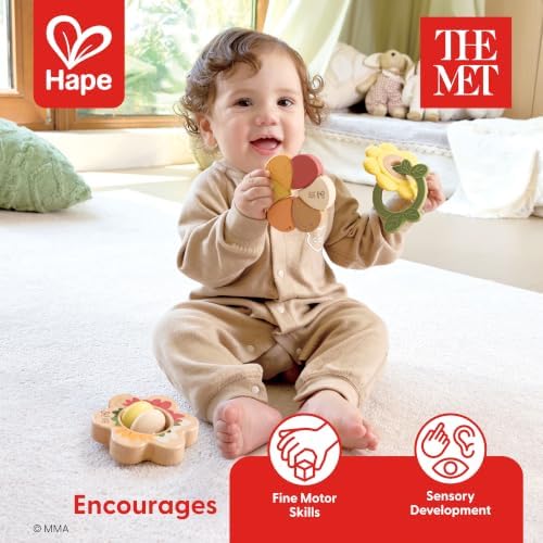 Hape x The Met Artful Flowers Rattle Trio Set – 3-Piece Baby Sensory Toy Set with Teether, Wood & Elastic Flower Rattles, Ages 6–18M - Image 2