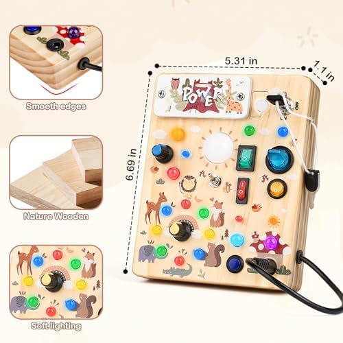 LED Busy Board for Toddlers 1-3,Montessori Toy with Key Switch, Light Up Wood Activity Sensory Board for Fine Motor Skills, Educational Travel Toy Gift for 1 2 3 Year Old Boys Girl - Image 5
