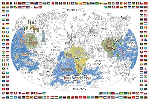 Dekali Designs Kids World Map Coloring Poster - 35 x 52 Inches Jumbo Coloring Poster With World Flags for Classroom, Home, Birthday Parties or Other Events by DekaliDesigns