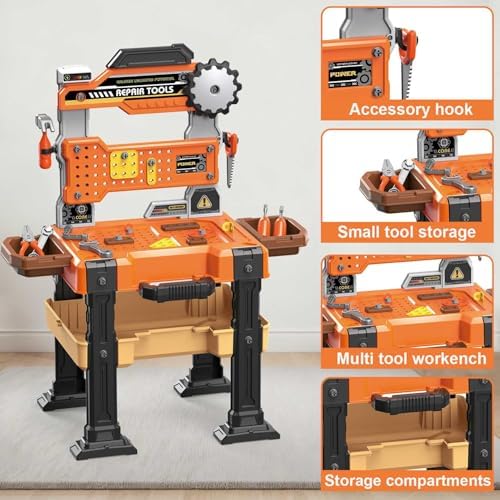 Kids Tool Bench for Toddler Pretend Play Workbench Mechanic Set with Realistic Tools and Electric Drill Spark Creativity and Boost Social Skills - Image 3