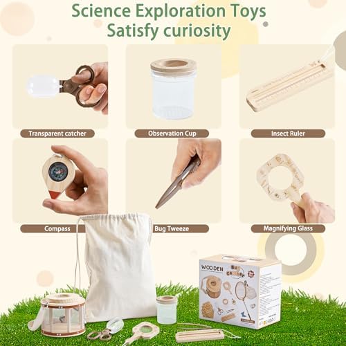 Wooden Bug Catcher Kit for Kids Ages 3-8, 11PCS Outdoor Nature Explorer Kit with Bug Habitat, STEM Educational Guide, Butterfly Net & Magnifying Glass, Montessori Catching Toy & Camping Gift - Image 5