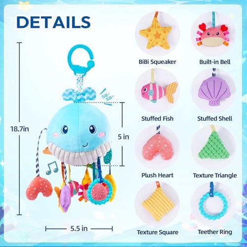 Jollybaby Activity Pull String Hanging Toy for Baby Stroller Car Seat Crib Play Gym, Plush Stuffed Ocean Whale Toy for Carseat with Teether Rattles, Montessori Sensory Toy for Baby Gift - Image 4