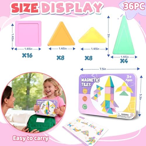 Travel Magnetic Tiles for Toddler Girls, 36PC Mini Macaron Set Airplane Restaurant Road Trip Gifts for Kids Age 3 4 5 6 7 8 Year Building Magnet Blocks Fidget Classroom Prize Easter Basket Stuffers - Image 3