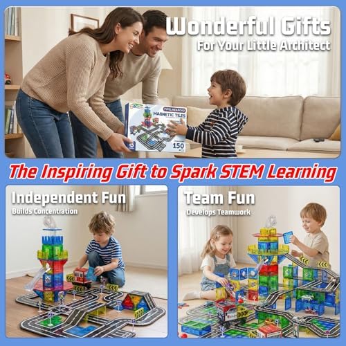 SKTMYY 150PCS Magnetic Tiles Road Set with Marble Run, Preschool Magnet Tiles Included Magnetic Cars. STEM Magnetic Tiles for Kids, Preschool Educational Building Toys for Boys & Girls - Image 3