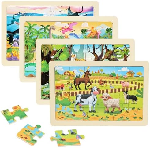 Wooden Puzzles for Kids Ages 4-6, 4 Packs 24 Pcs Wooden Jigsaw Puzzles for Toddlers Ages 3-5, Preschool Educational Puzzle Toys Gifts for 3 4 5 6 Boys Girls by Unknown