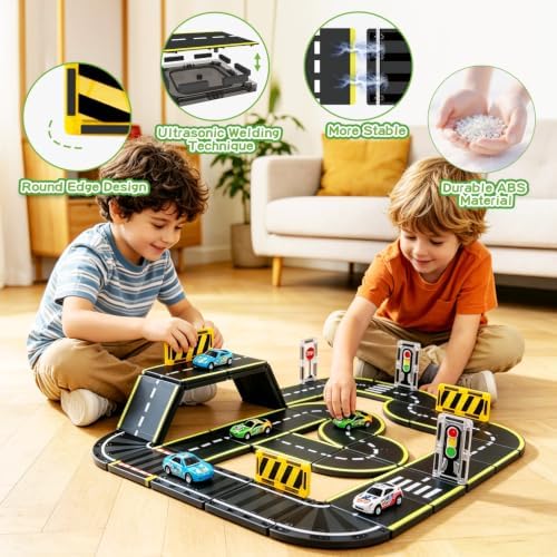 Magnetic Tiles Road Set, 26Pcs Large Double Sided Magnetic Blocks with Pullback Cars & Traffic Signs, STEM Toys for Kids Ages 4-8, Creative Gifts for 3+ Years Old Boys Girls - Image 3
