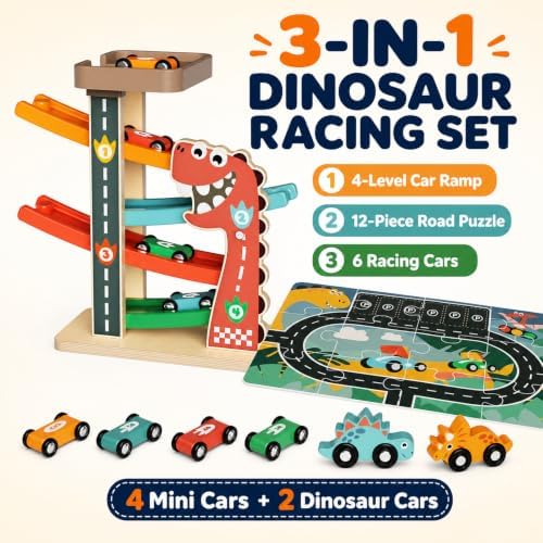 Wooden Dinosaur Car Ramp Toy with Road Puzzle and 6 Cars, Ages 18M+ - Image 5