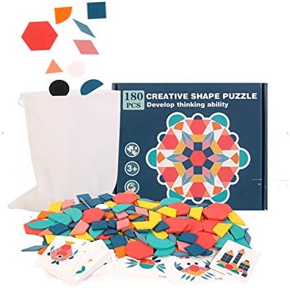 USATDD 180 Pcs Wooden Tangrams Pattern Blocks Set Geometric Manipulative Shape Puzzle Kindergarten Classic Educational Montessori Toys for Kids Toddlers Ages 4-8 with 24 Pcs Flash Cards - Image 9