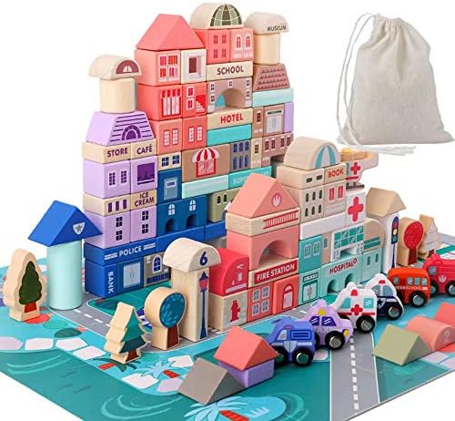 Migargle Wooden Building Blocks Set, 115 Pcs City Construction Stacker Stacking Preschool Learning Educational Toys, Toddler Toys for 3+ Year Old Boy and Girl Gifts by Migargle