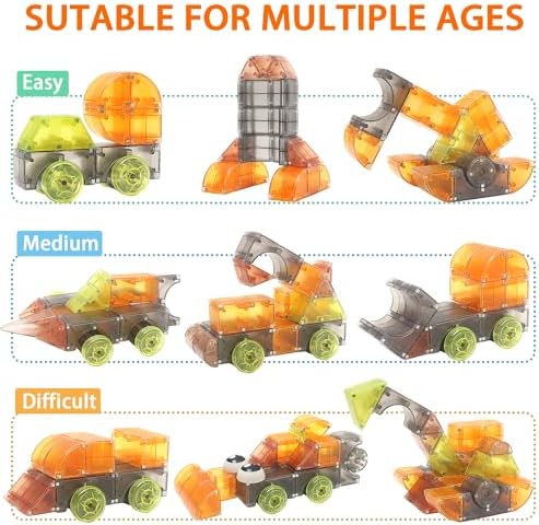 74PCS Engineering Series Magnetic Tiles, Magnetic Construction Blocks - Build Excavator, Crane & Dump Truck, STEM Toys Gift Box for Ages 3-7 Boys Girls - Image 3