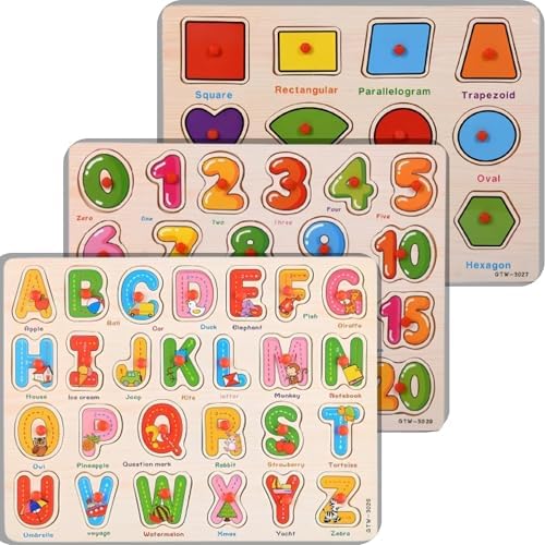 3-Pack | Alphabet, Numbers & Shapes Wooden Puzzles for Toddlers 3-5 Years Old – ABC, 1-20 & Shape Learning Toy with Puzzle Board & Blocks, Preschool Educational Toy for Boys & Girls by GUGURIK
