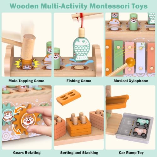 Weilim Montessori Toys for 1 Year Old, 3-in-1 Wooden Hammering & Ramp Toy - Image 2