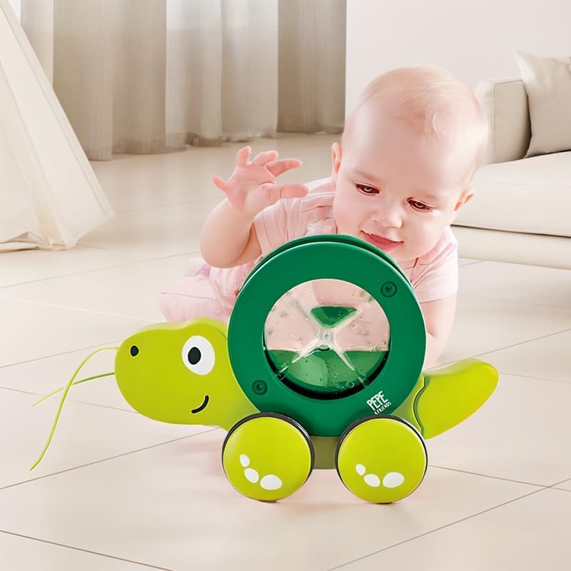 Hape Tito Pull Along | Wooden Turtle with Swirling Shell Pull Toddler Toy, Green - Image 5