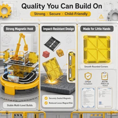 burgkidz Magnetic Tiles Construction Set – Engineering Blocks with Crane, 2 Detachable Vehicles (Build on Chassis), Ramp & Slide, Play Mat & Bag – STEM Toy for Ages 3-8 (47PCS, Premium ABS) - Image 5