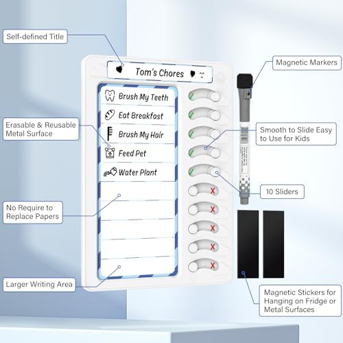 Chore Chart for Kids Dry Erase Chore Board ADHD Tools for Kids to Do List Checklist Task Board Routine Chart Planning Board for Fridge with 10 Sliders and Magnetic Marker, White and Blue, 2 Pack - Image 3