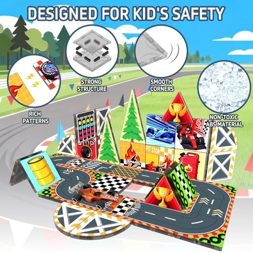 Magnetic Tiles Magnetic Building Blocks for Kids Ages 3-5 4-8, STEM Montessori Preschool Classroom Must Haves, Toddler Sensory Educational Toys for Boys Girls, Christmas Birthday Gift (Racing Car) - Image 2