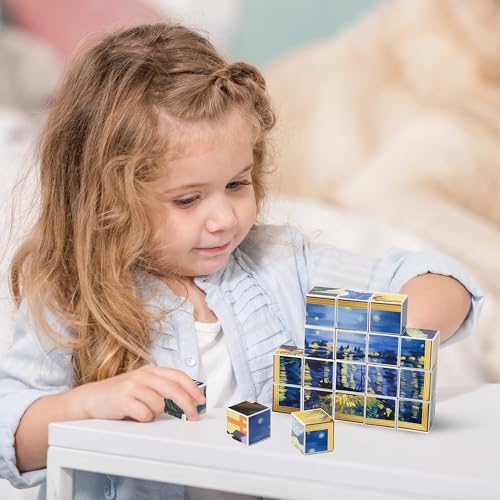 PicassoTiles 20pcs 1” Magnetic Puzzle Building Cubes Blocks for Kids, Van Gogh, Mona Lisa Hand Puzzle, STEM Magnet Toy Mix&Match Educational Popular Art Kids Toys 3+ Year Old boy Girl PMC20 - Image 2