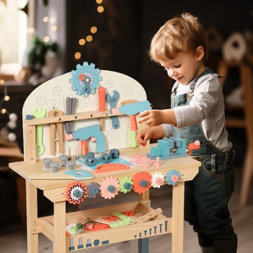 WOODENFUN Wooden Power Tool Workbench for Kids, Pretend Play Tools Sets - Image 6