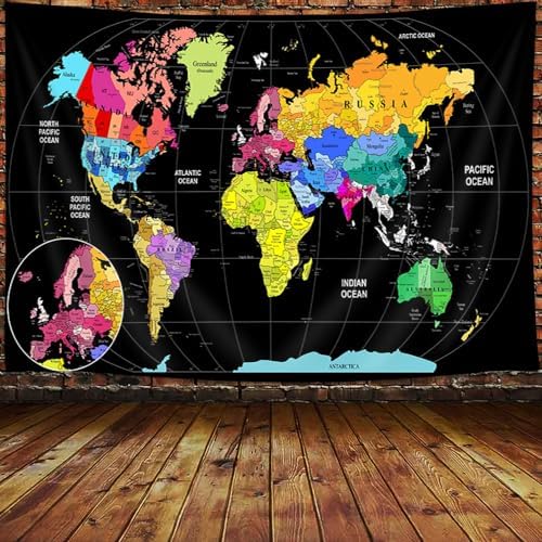 JAWO Tapestry for Kids Student, with Countries and Major Cities Tapestries Educational Asia Europe South City Topography America Africa Japan Wall Tapestry 90X70 Inch(Multi) by JAWO