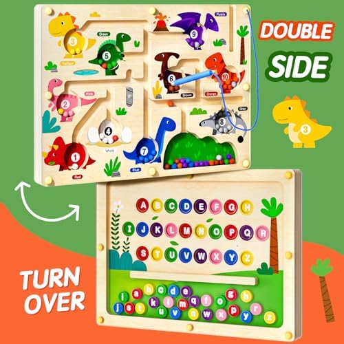 2 in 1 Magnetic Color and Number Maze Double-Sided ABC Alphabet Puzzles Board Magnet Dinosaur Counting Maze Preschool Learning Montessori Education 3 4 5 Years Toys (Multicolored, One Size) - Image 2