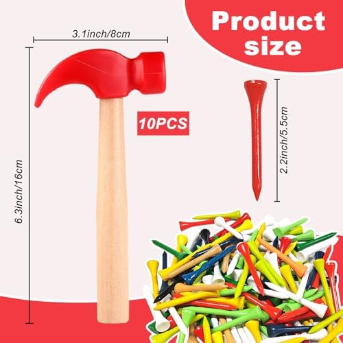 10 Pcs Kids Wooden Hammer Toy with 100 Pcs Colorful Wood Golf Tees, Small Plastic Hammer Simulation Hammers Educational Toys for Children Gift Birthday Party Halloween (Red) - Image 2