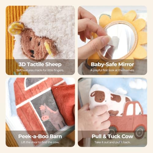 let's make Baby Tissue Box Toy, Farm Montessori Sensory Toys 6-12 Months, Play Silks & Crinkle Tissues with 3D Corduroy, Mirror, Squeaky Cow & Travel Clip - Fine Motor Skills Baby Girl Boy Gifts - Image 4