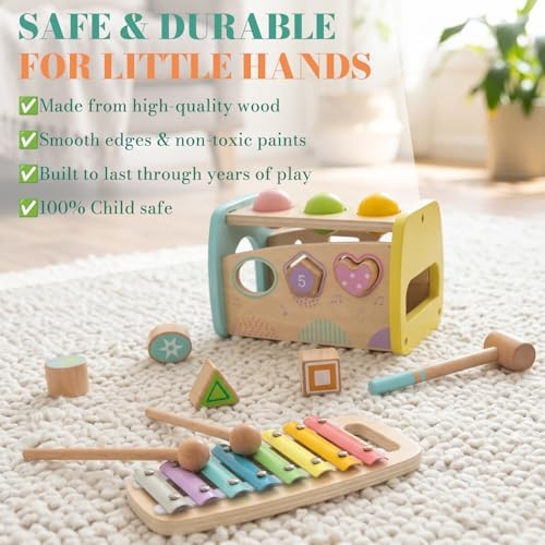 WOODENFUN Hammering Pounding Toys Wooden Educational Xylophone Shape Sorter - Image 5