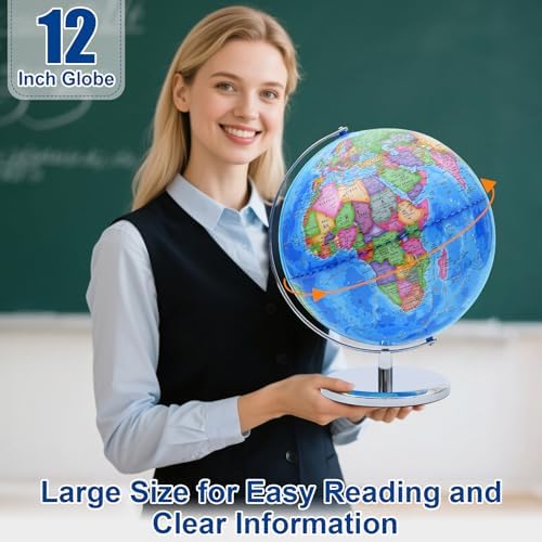 World Globe for Children and Adults, 12 inch Educational Spinning Earth Map with Stand, Self-Assembled Interactive World Globes for Kids Learning, Classroom, Students Desk, Room and Office Decor - Image 5