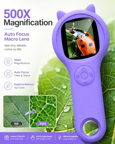 Ashfly Kids Microscope, 500X Digital Magnifying Glass, STEM Toy, Purple - Image 2