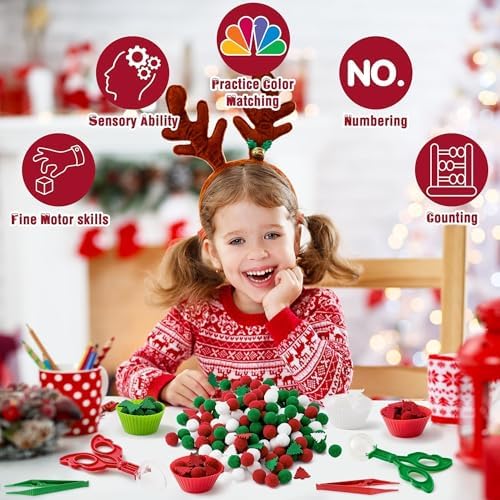 EZdhuawuse Summer Fine Motor Toys - 270Pcs Counting Sorting Sensory Bin Filler Set for Kids Xmas Counting Toy with Felt Xmas Tree Pom Poms Cup Clip for Preschool Education Activities - Image 6
