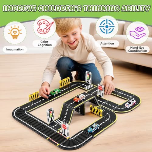 Magnetic Tiles Road Set, 45Pcs Large Double Sided Magnetic Blocks with Pullback Cars & Traffic Signs, STEM Toys for Kids Ages 4-8, Creative Gifts for 3+ Years Old Boys Girls - Image 2