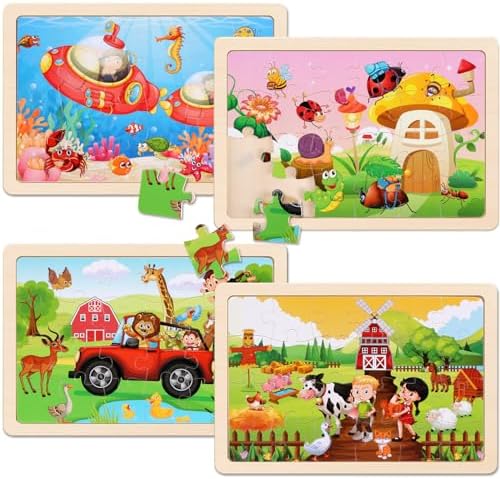 Wooden Puzzles Toys for Kids Ages 3-5, Set of 4 Packs with 20-Piece Farm, Animals Theme Wood Jigsaw Puzzles, Preschool Educational Brain Teaser Toys for Boys and Girls 3-6 Years Old. - Image 2