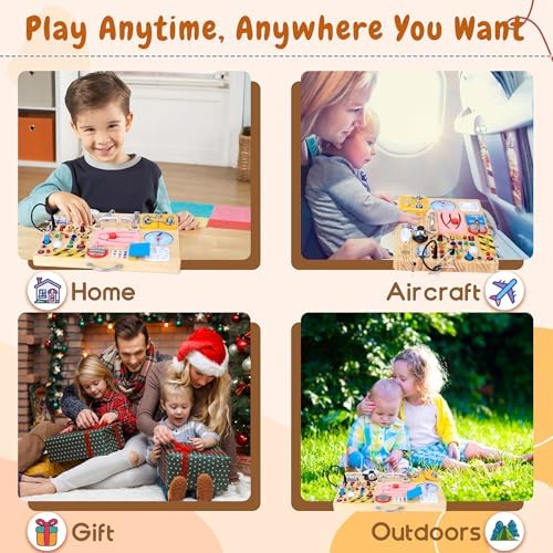 25 in 1 Busy Board with 13 LED Light Switches and 12 Activity, Montessori Toys for 1 2 3 Years Old, Wooden Sensory Board, Toddlers Travel Toys for 1+ Year Old Boy & Girl Birthday Gift（Extra-Large） - Image 5