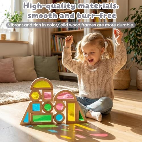 WOODENFUN Wooden Building Blocks Set for Kids, 32 Pcs Rainbow Stacker Game - Image 6