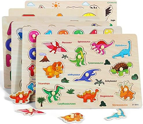 GRINNNIE Wooden Peg Puzzle for Toddlers, 6 Pack Toddler Puzzles Set for 3 4 5 Years Old (Alphabet Number Shape Animal Dinosaur Vehicle), Preschool Education Learning Puzzle Toys for Girls and Boys - Image 4