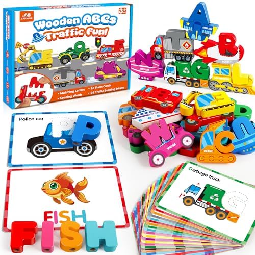 Vanmor Wooden Vehicle Alphabet Puzzle for Toddlers, Traffic ABC Letter Sight Words Matching Game with 52 Blocks and Flash Cards, Spelling Game Toys, Kindergarten Preschool Learning Activities by vanmor