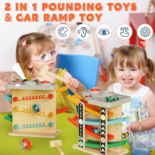 Montessori Toys for 1 Year Old, 2-in-1 Ball Drop Toy & Wooden Car Ramp Toy with Hammer and 4 Cars, First Birthday Gifts for 1 2 Year Old Boy Girl - Image 6