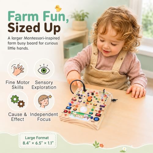 Busy Board with 19 LED Light Switches, Montessori Toys for 1 2 3 Years Old, Wooden Sensory Board, Toddlers Activity Travel Toys for 1 2 3 Year Old Boy & Girl Birthday Gift (Big Farm) - Image 2