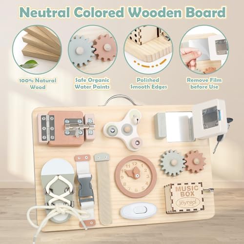 Joyreal Wooden Busy Board for Toddlers, Montessori Toys for 1 2 3 Year Old, Sensory Activity Board with Music Box & 12 Motor Skill Activities, Educational Travel Toys Gift for Boys Girls - Image 5