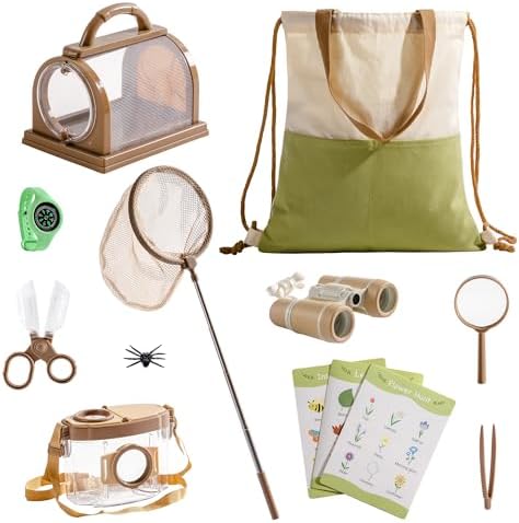 ROBOTIME Explorer Kit & Bug Catcher Kit for Kids, 12PCS Bug Catching Kit, Outdoor Bug Collection with Kids Binoculars, Butterfly Net, Insect Box, Magnifying Glass and Compass Watch for Toddlers 3-12 by ROBOTIMEBuildingThingstoLife